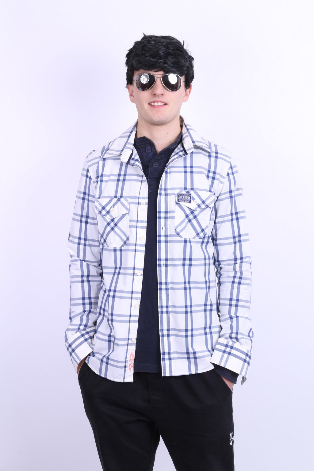 Superdry Mens L Casual Shirt White Check Cotton Long Sleeve - RetrospectClothes
