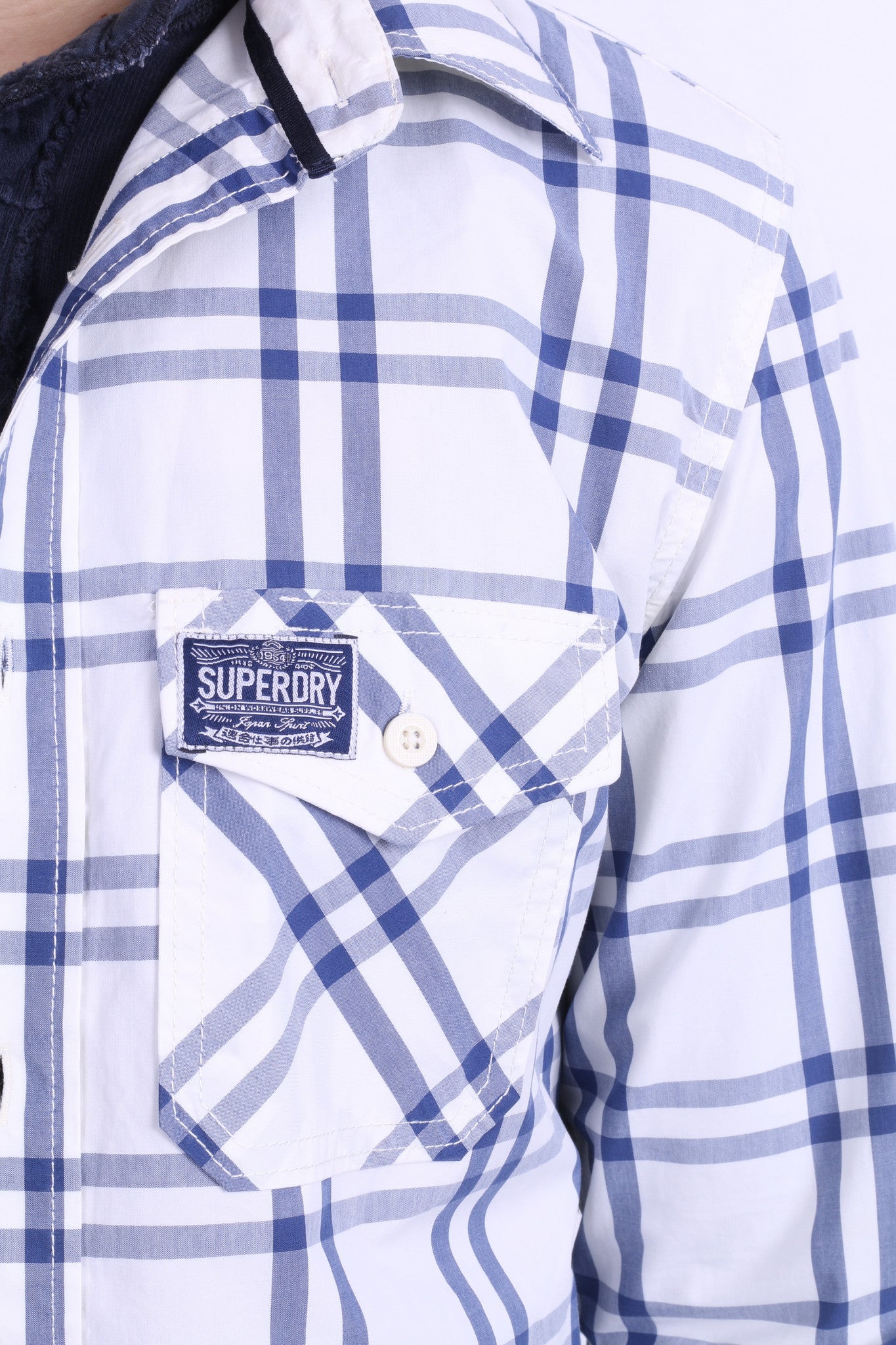 Superdry Mens L Casual Shirt White Check Cotton Long Sleeve - RetrospectClothes