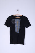 Klaus Samsoe Mens M Shirt Black Crew Neck Cotton Fitted Stretch Grpahic
