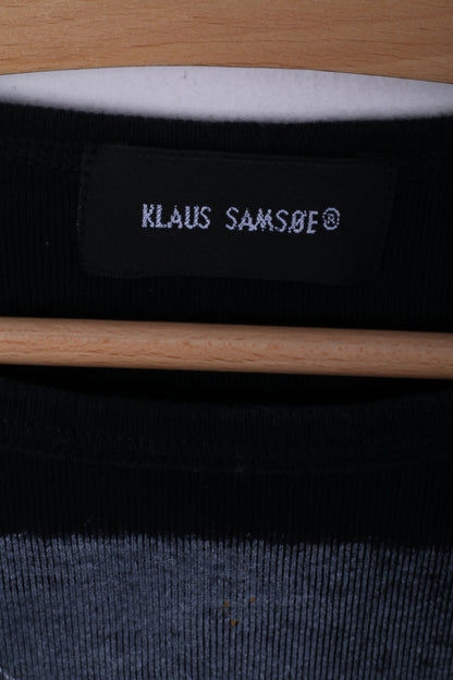 Klaus Samsoe Mens M Shirt Black Crew Neck Cotton Fitted Stretch Grpahic