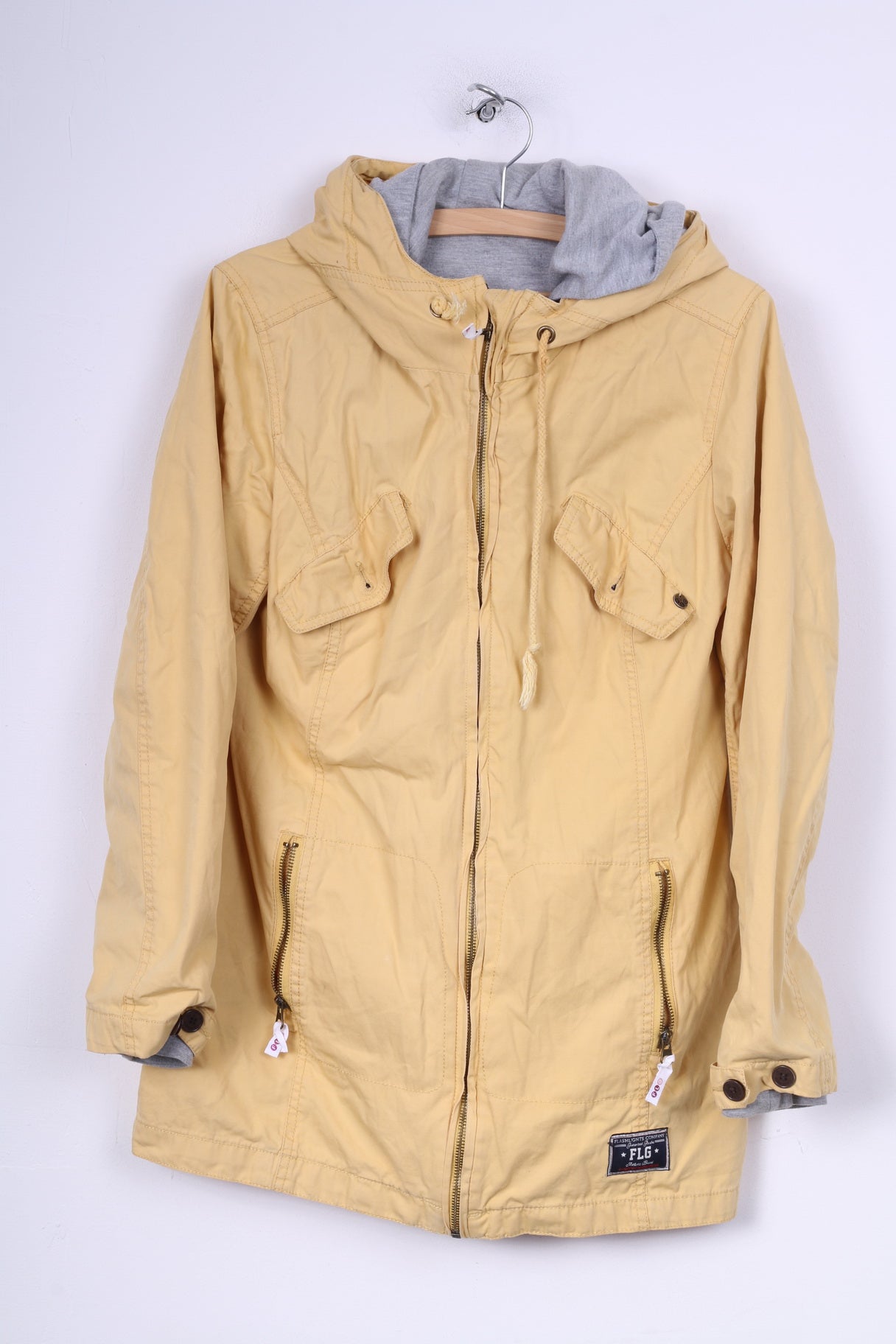 Giacca da donna 12 M Torce elettriche Giacca in cotone giallo con cappuccio e cerniera intera imbottita 