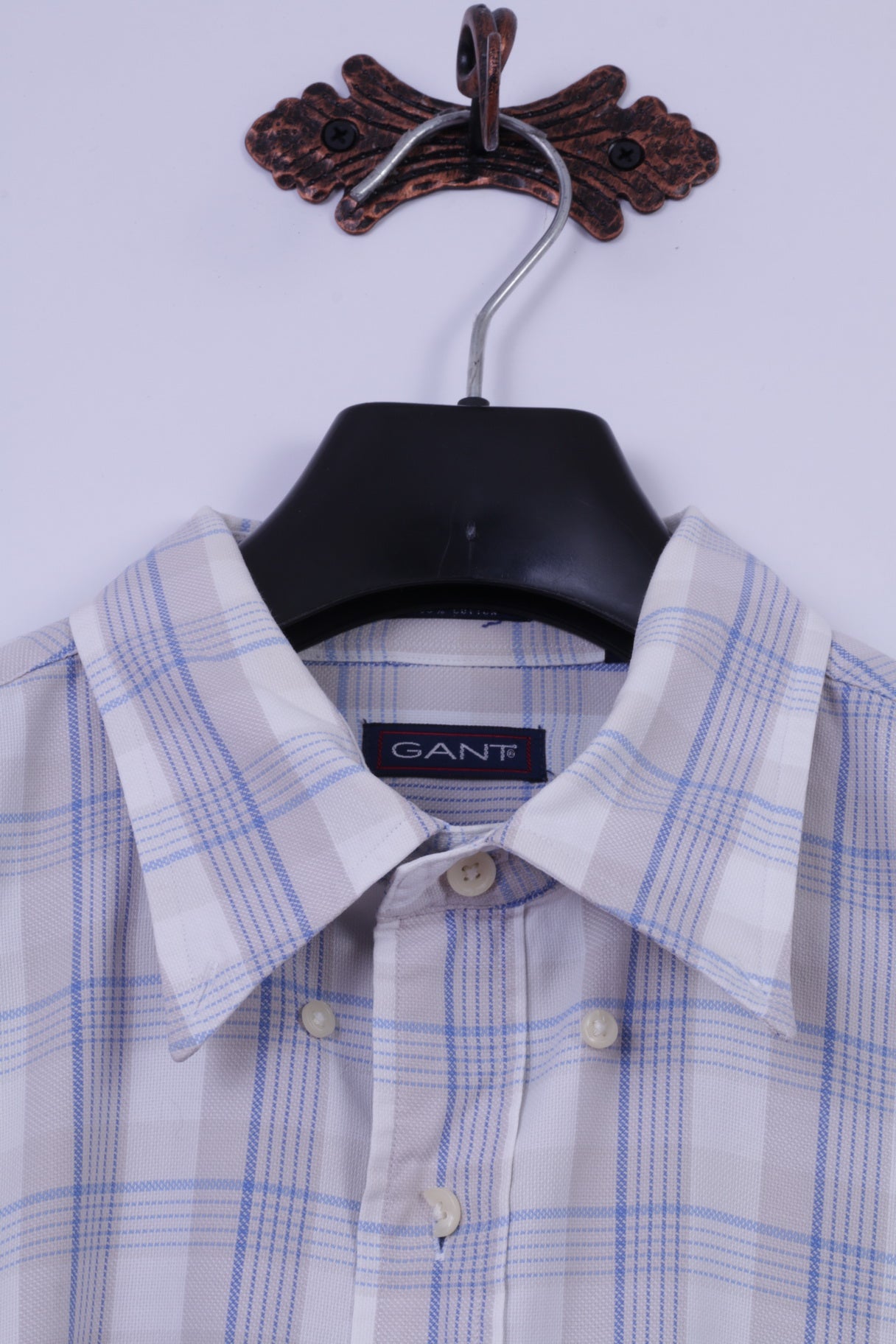 GANT Mens XL Casual Shirt Beige Check Cotton 50's Pique Long Sleeve Regular Fit