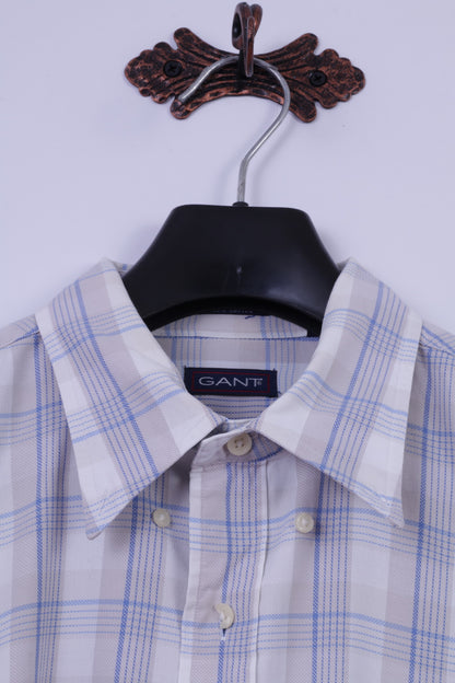 GANT Mens XL Casual Shirt Beige Check Cotton 50's Pique Long Sleeve Regular Fit