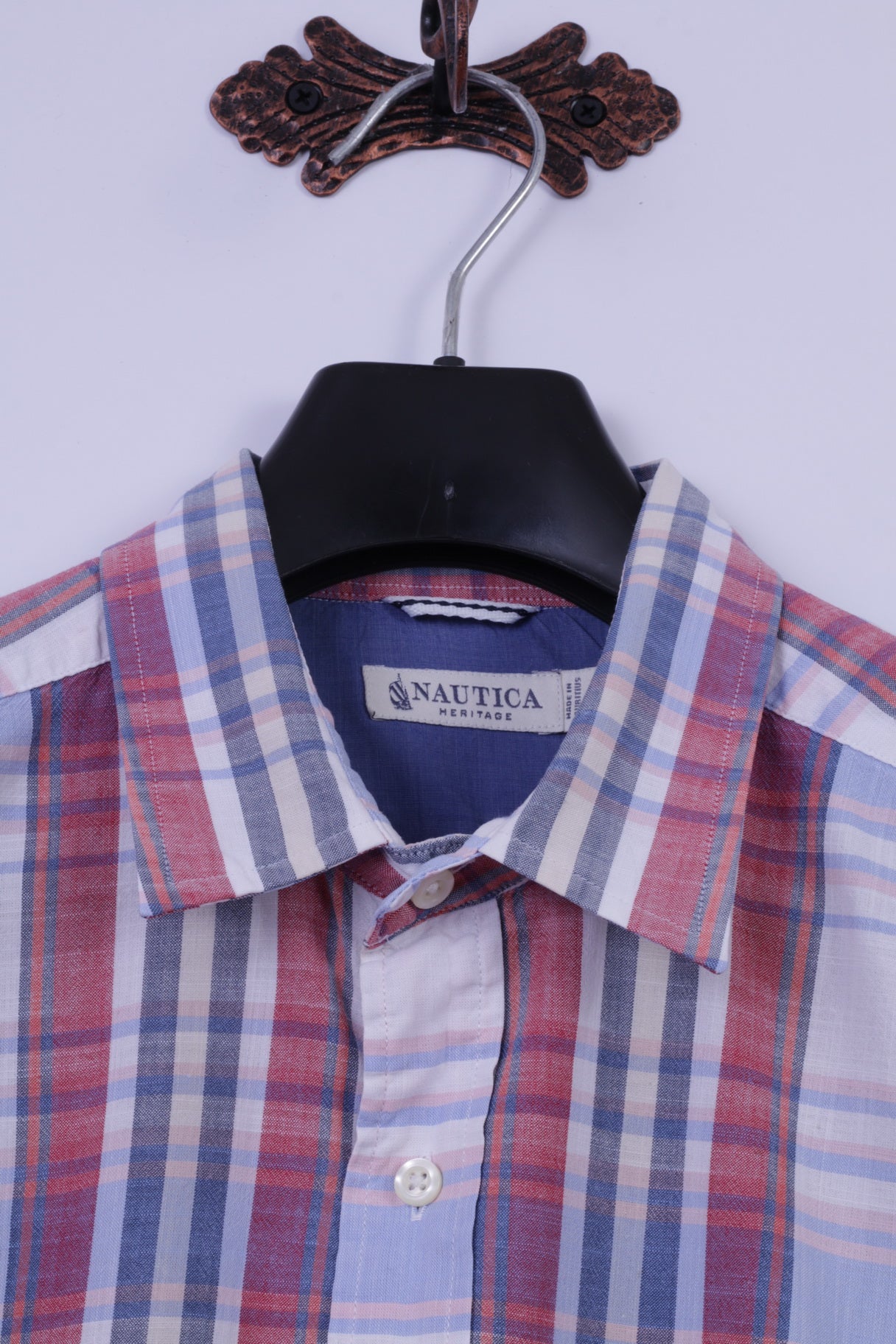 Nautica Mens L Casual Shirt Blue Check Heritage Fit 100% Cotton Long Sleeve