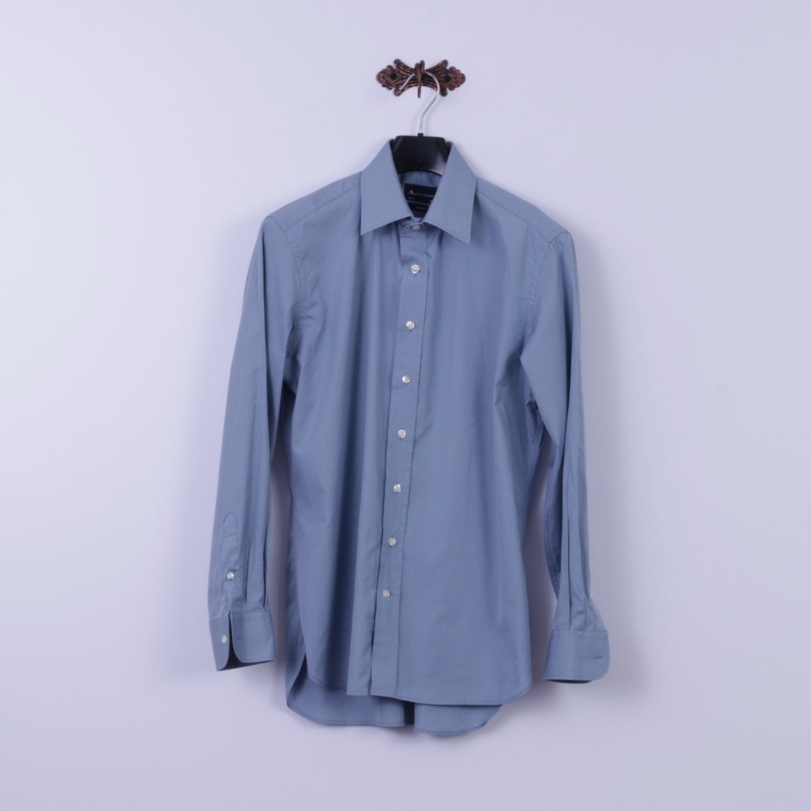 Aquascutum Men 16 S Casual Shirt Blue Slim Fit Cotton Long Sleeve Plain Top