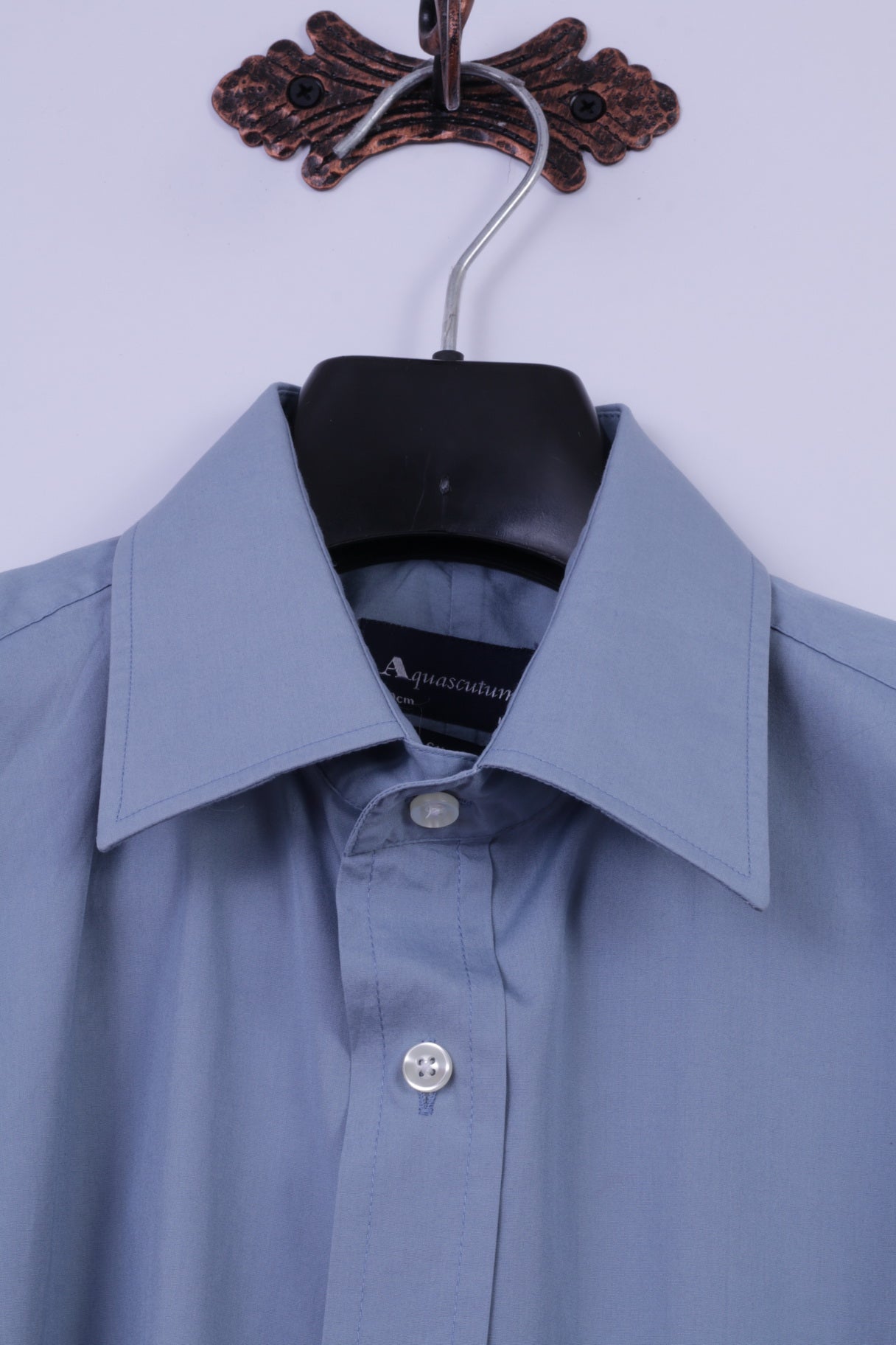Aquascutum Men 16 S Casual Shirt Blue Slim Fit Cotton Long Sleeve Plain Top