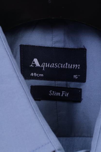 Aquascutum Uomo 16 S Camicia Casual Blu Slim Fit Cotone Manica Lunga Tinta Unita