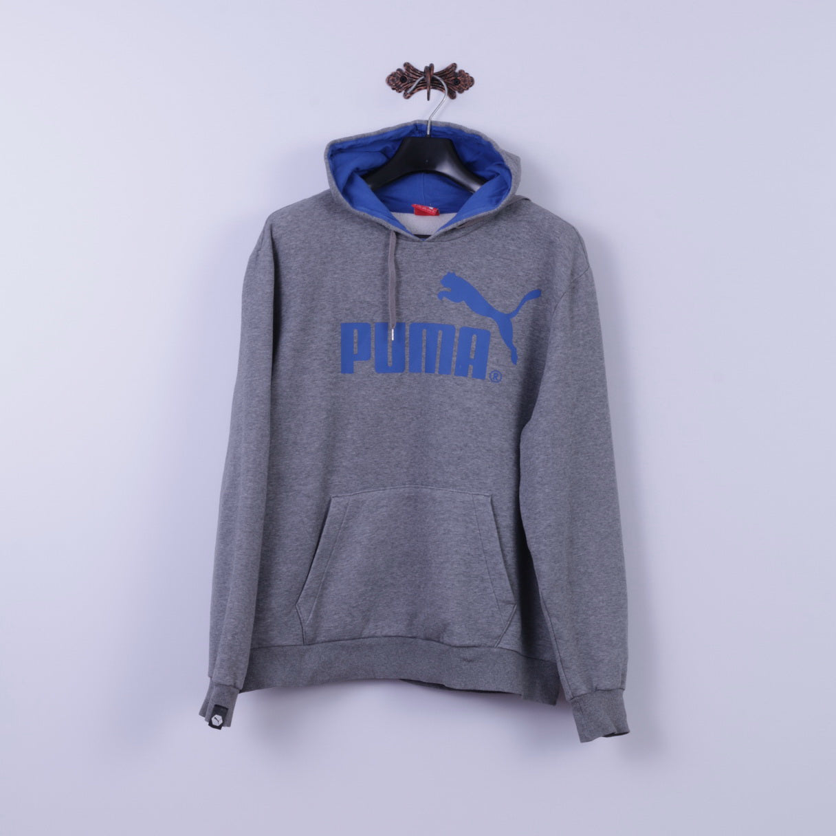 PUMA Mens XL Sweatshirt Grey Cotton Blue Logo Hooded Kangaroo Pocket Hoodie