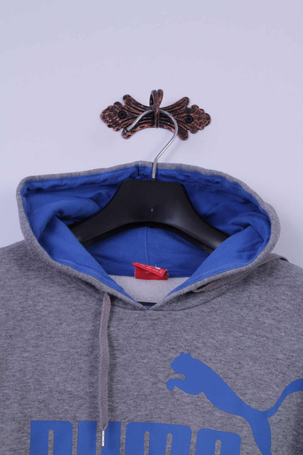 PUMA Mens XL Sweatshirt Grey Cotton Blue Logo Hooded Kangaroo Pocket Hoodie