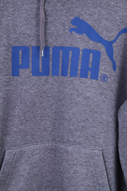 PUMA Mens XL Sweatshirt Grey Cotton Blue Logo Hooded Kangaroo Pocket Hoodie
