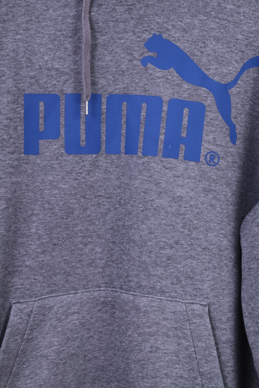 PUMA Mens XL Sweatshirt Grey Cotton Blue Logo Hooded Kangaroo Pocket Hoodie