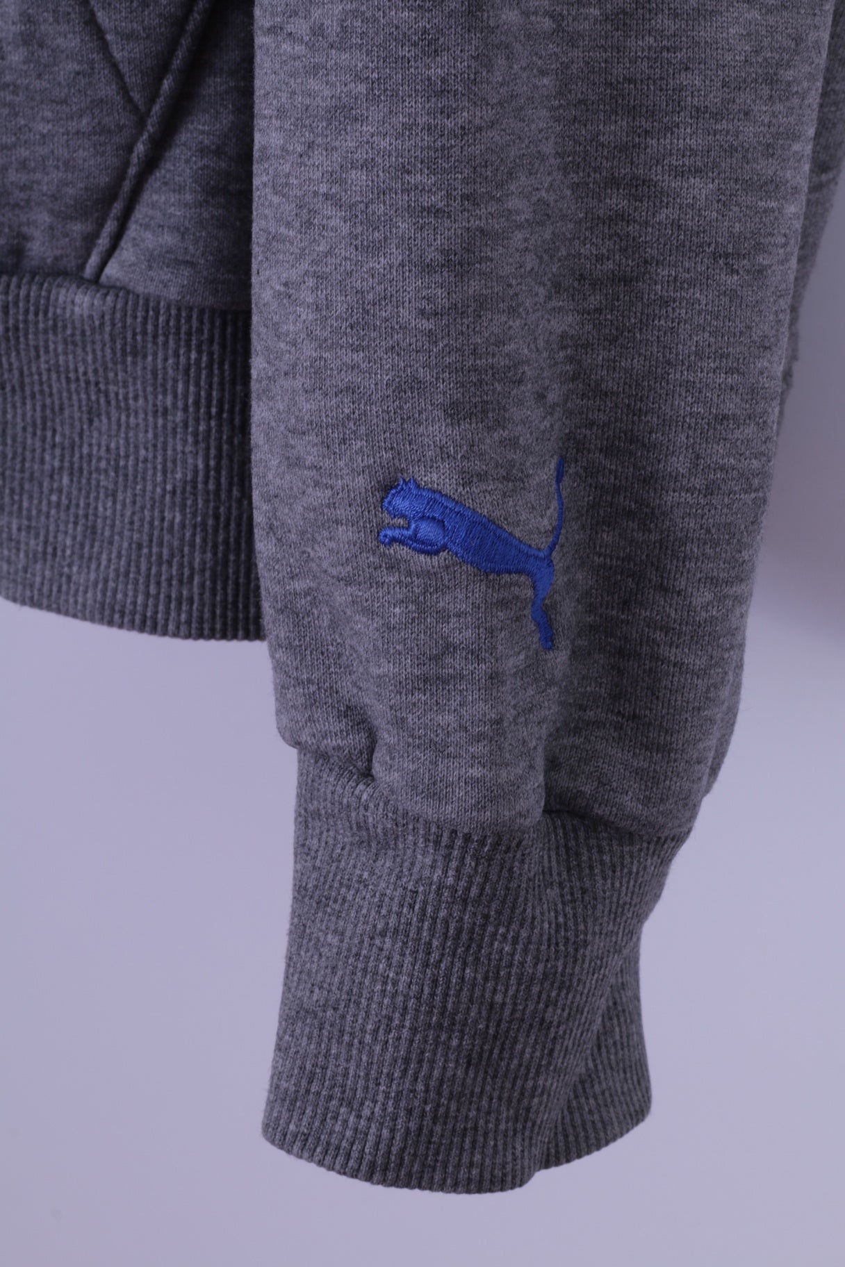 PUMA Mens XL Sweatshirt Grey Cotton Blue Logo Hooded Kangaroo Pocket Hoodie