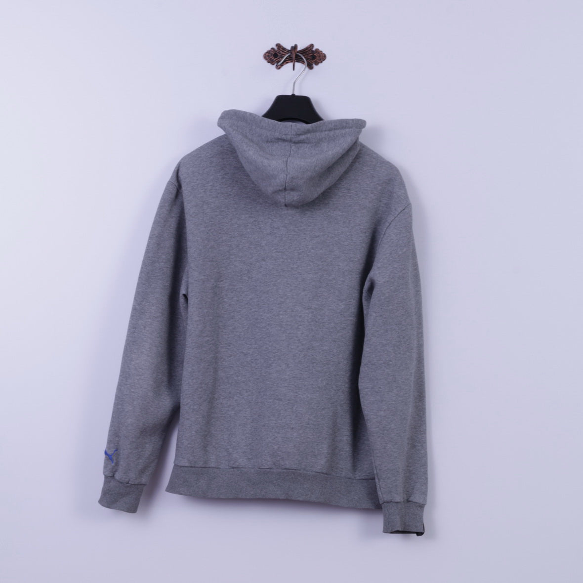 PUMA Mens XL Sweatshirt Grey Cotton Blue Logo Hooded Kangaroo Pocket Hoodie