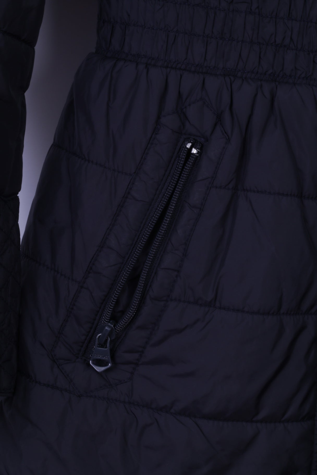 Replay Womens L (M) Jacket Navy Long Full Zipper Hidden Hood Casual Parka Top