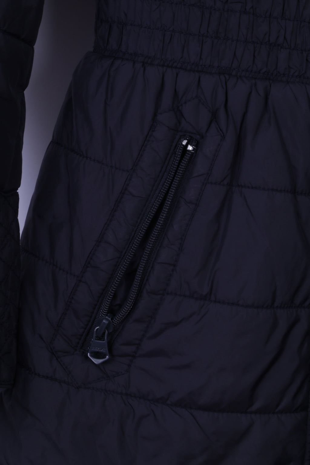 Replay Womens L (M) Jacket Navy Long Full Zipper Hidden Hood Casual Parka Top