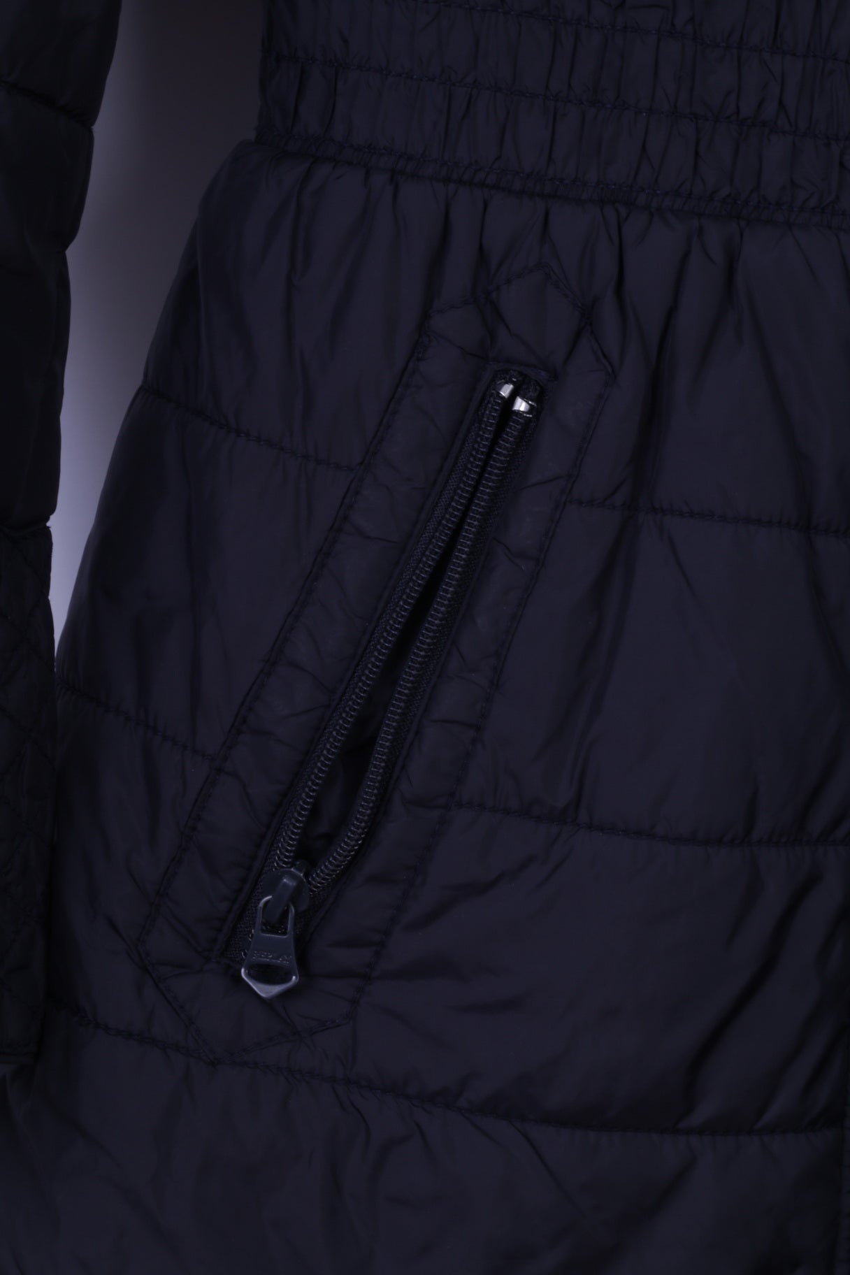 Replay Womens L (M) Jacket Navy Long Full Zipper Hidden Hood Casual Parka Top