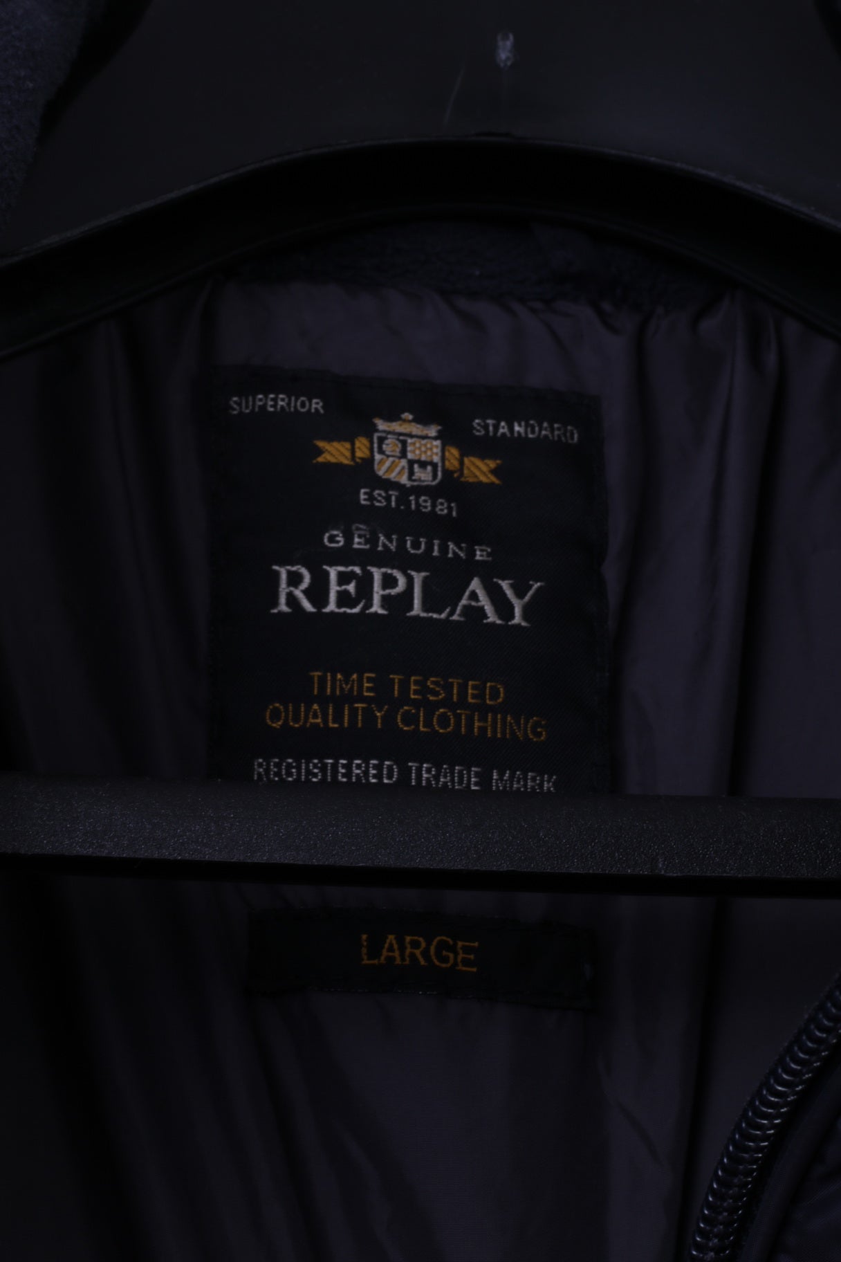 Replay Womens L (M) Jacket Navy Long Full Zipper Hidden Hood Casual Parka Top