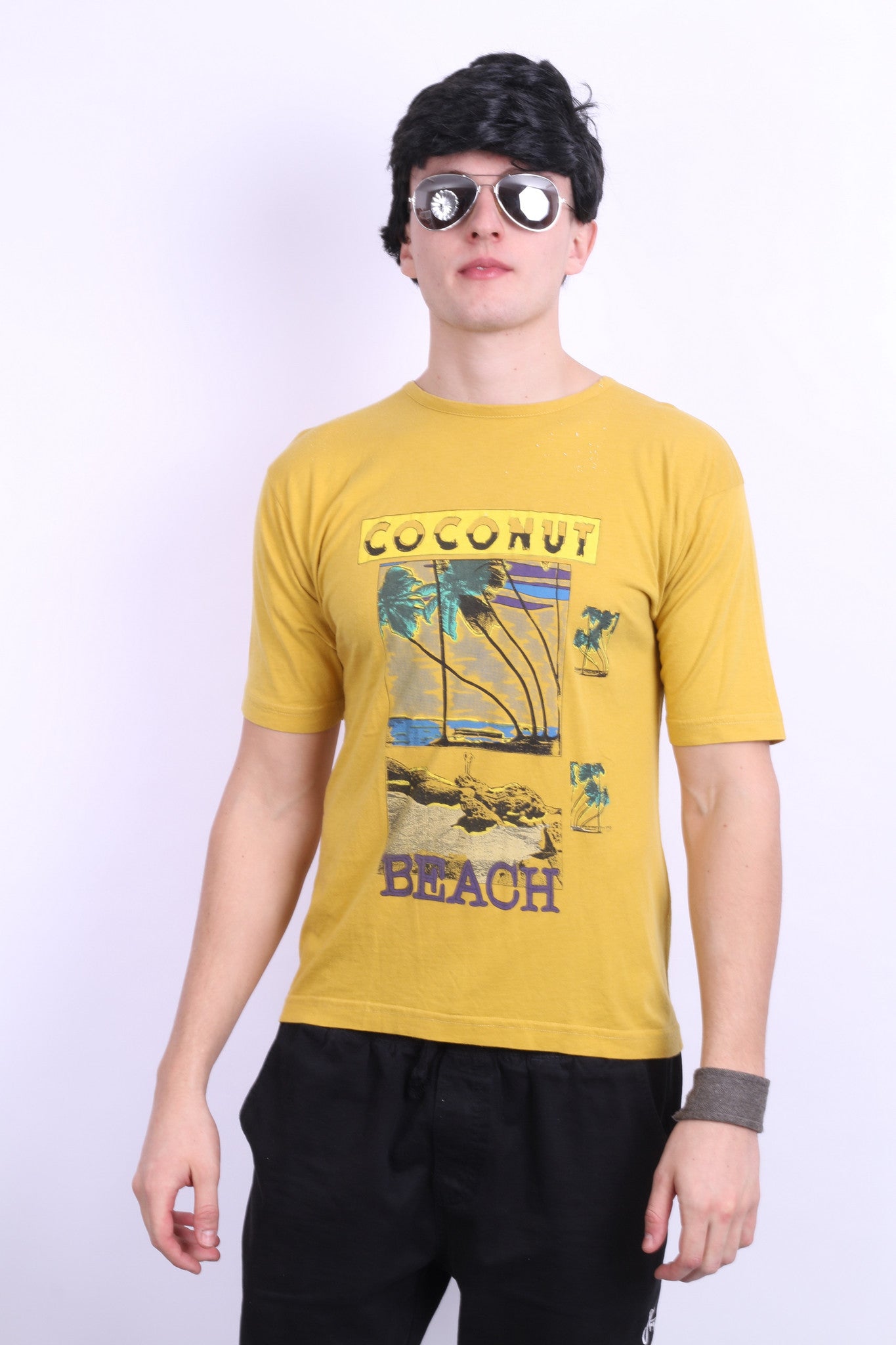 Mens L Shirt Mustard Coconut Beach Summer Short Sleeve