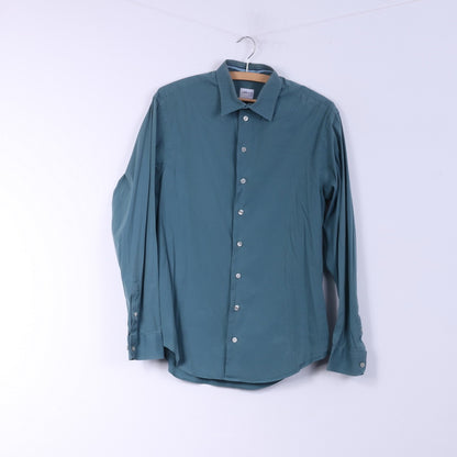 Armani Collezioni Mens M Casual Shirt Sea Blue Cotton Plain Top