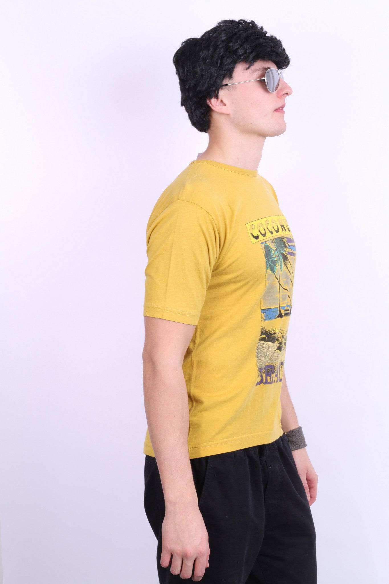 Mens L Shirt Mustard Coconut Beach Summer Short Sleeve - RetrospectClothes