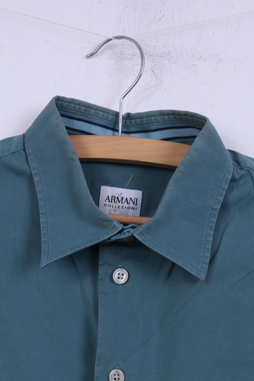 Armani Collezioni Mens M Casual Shirt Sea Blue Cotton Plain Top