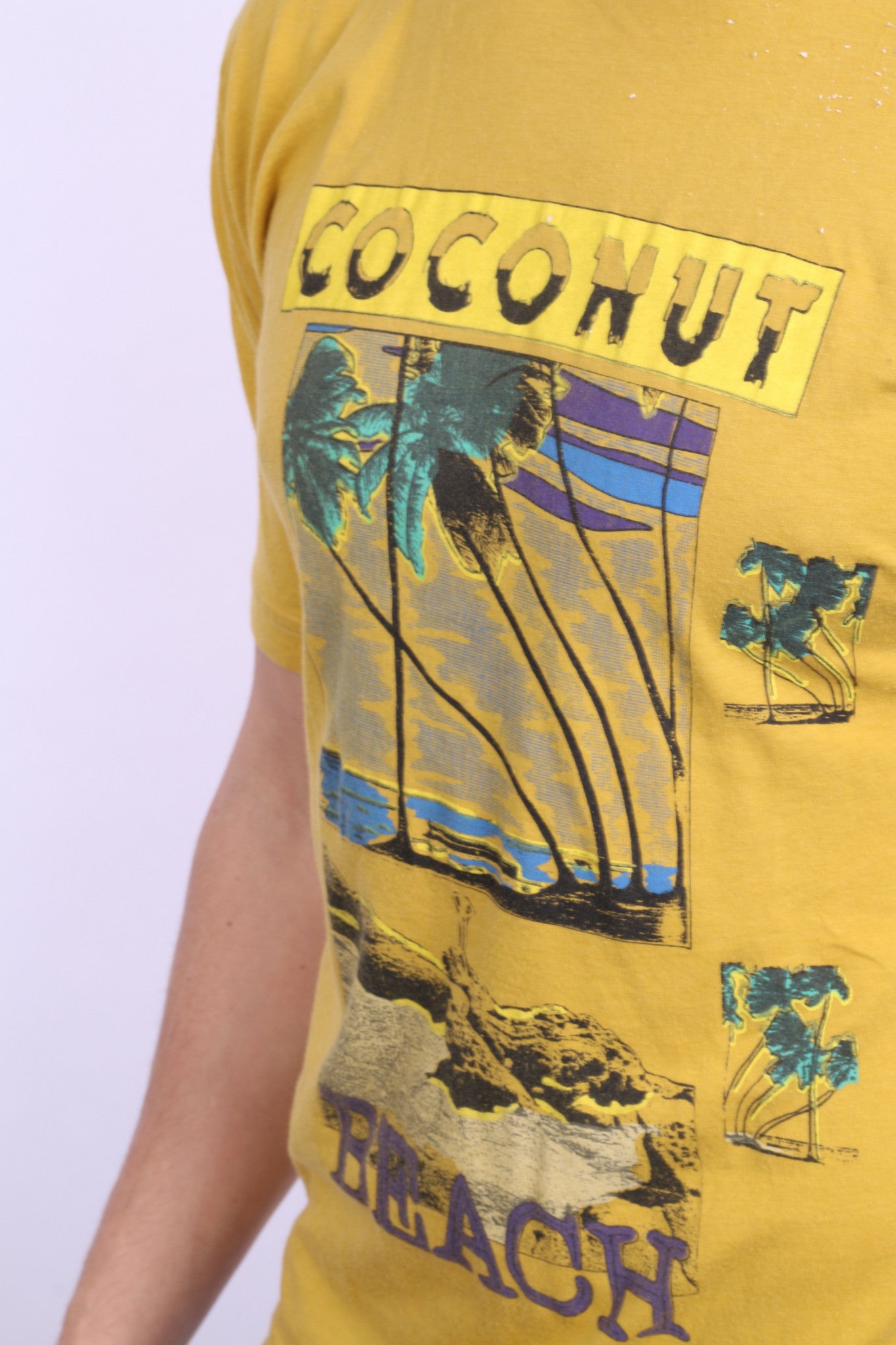 Mens L Shirt Mustard Coconut Beach Summer Short Sleeve - RetrospectClothes