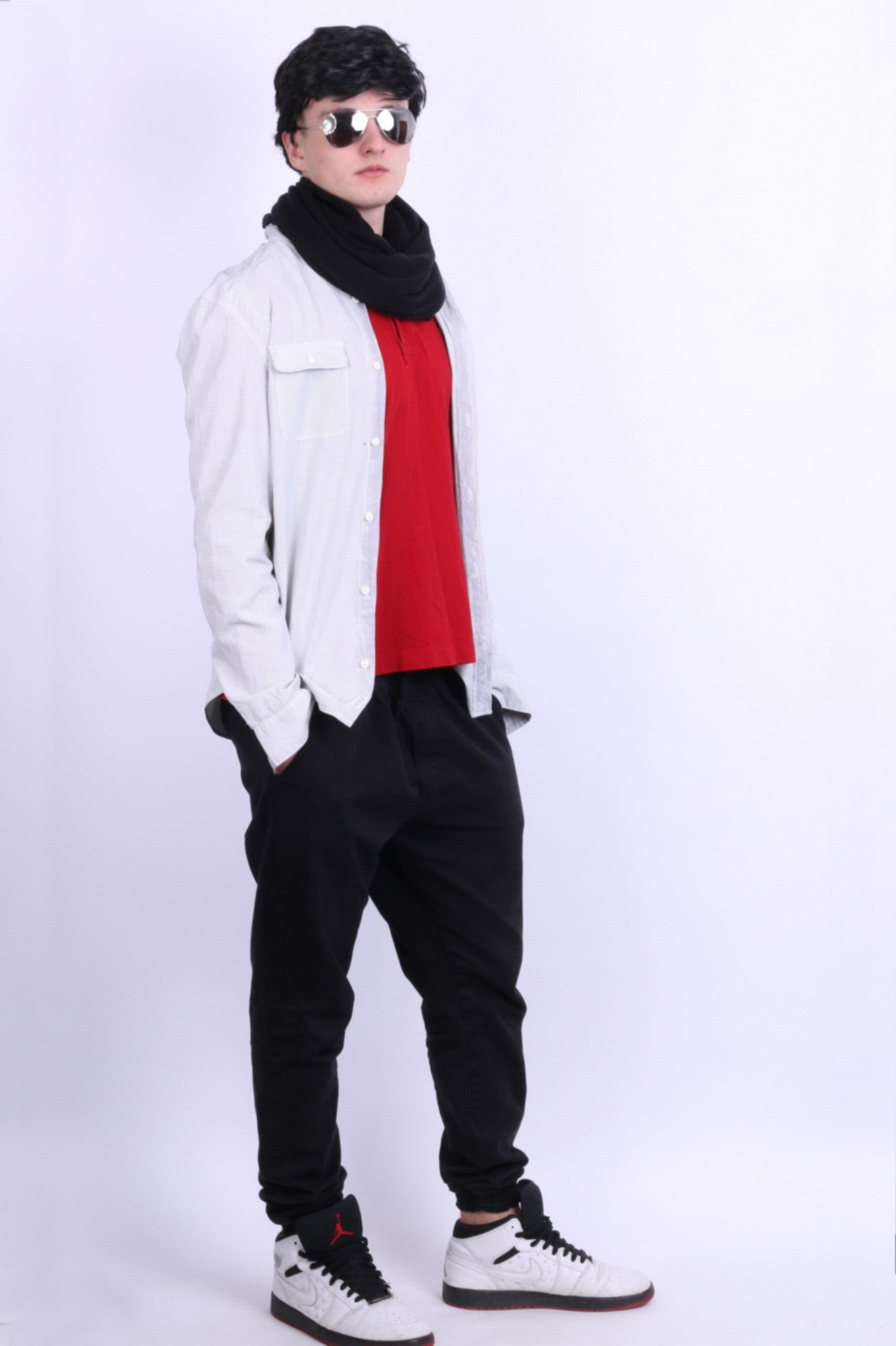 All Saints Mens L Casual Shirt Check White Grey Cotton Long Sleeve - RetrospectClothes