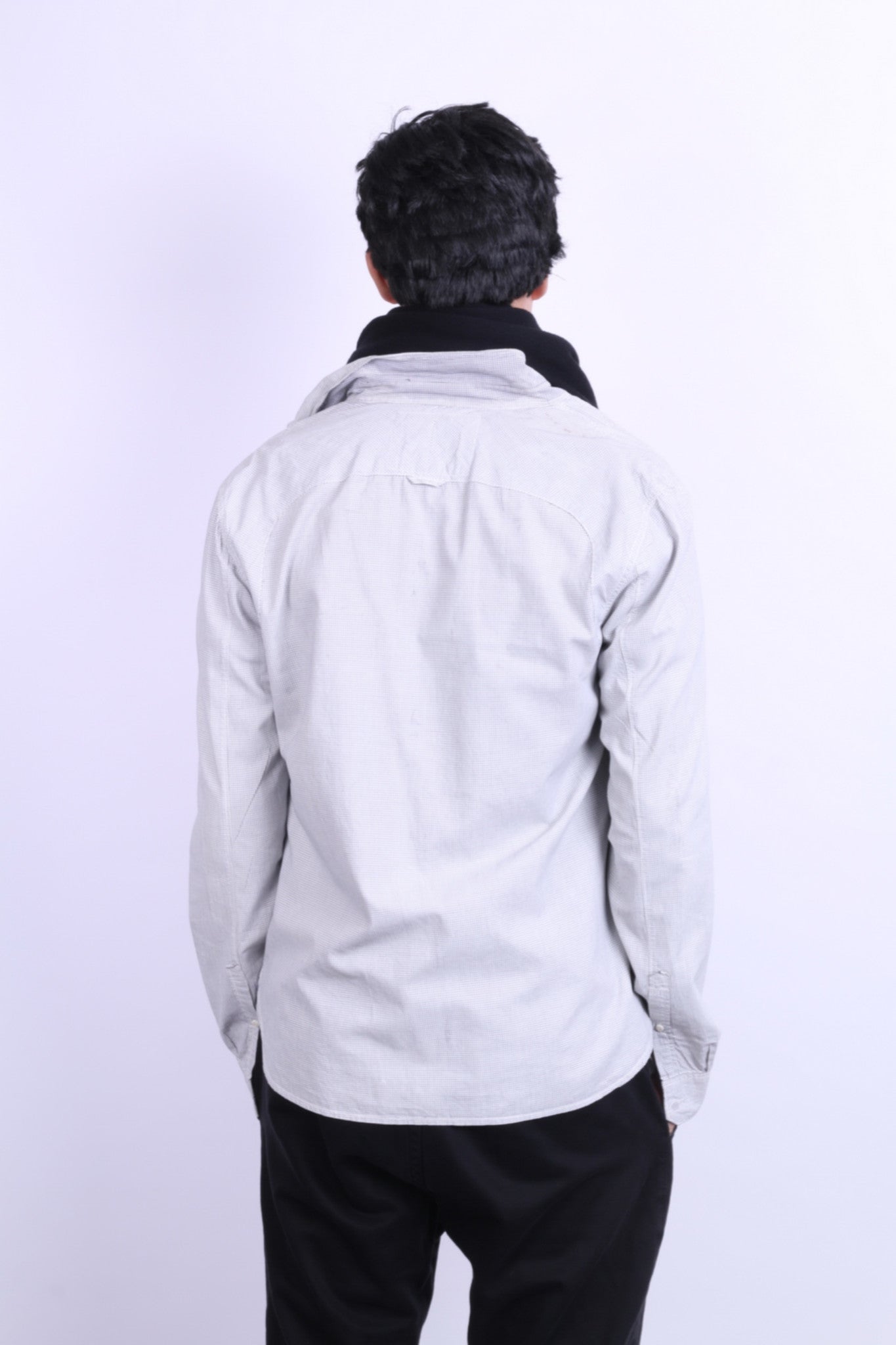 All Saints Mens L Casual Shirt Check White Grey Cotton Long Sleeve - RetrospectClothes