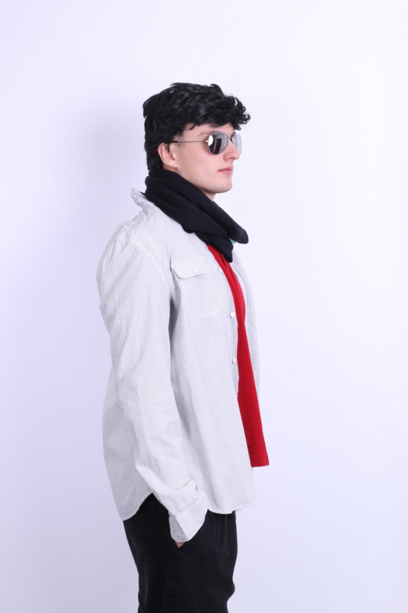 All Saints Mens L Casual Shirt Check White Grey Cotton Long Sleeve - RetrospectClothes