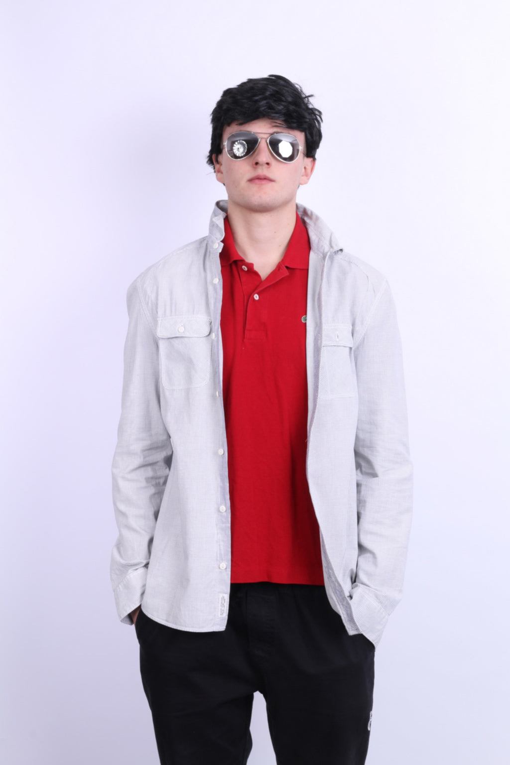 All Saints Mens L Casual Shirt Check White Grey Cotton Long Sleeve - RetrospectClothes