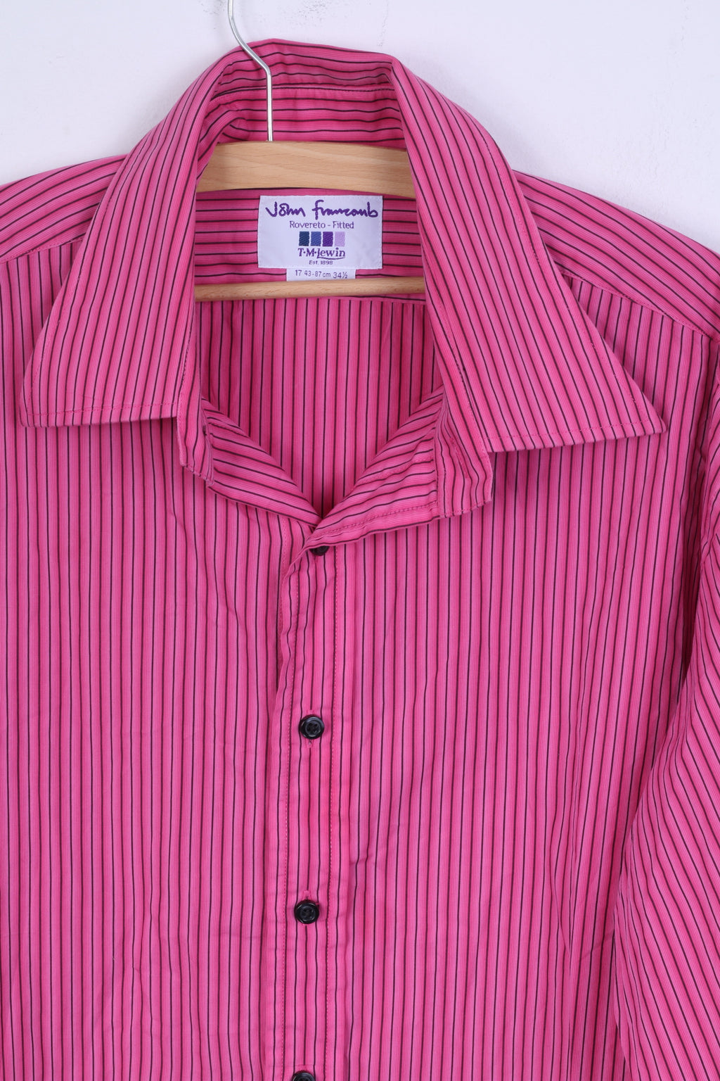 TM Lewin Mens 17 34.5 L Casual Shirt Pink Striped Rovereto Fitted Cotton