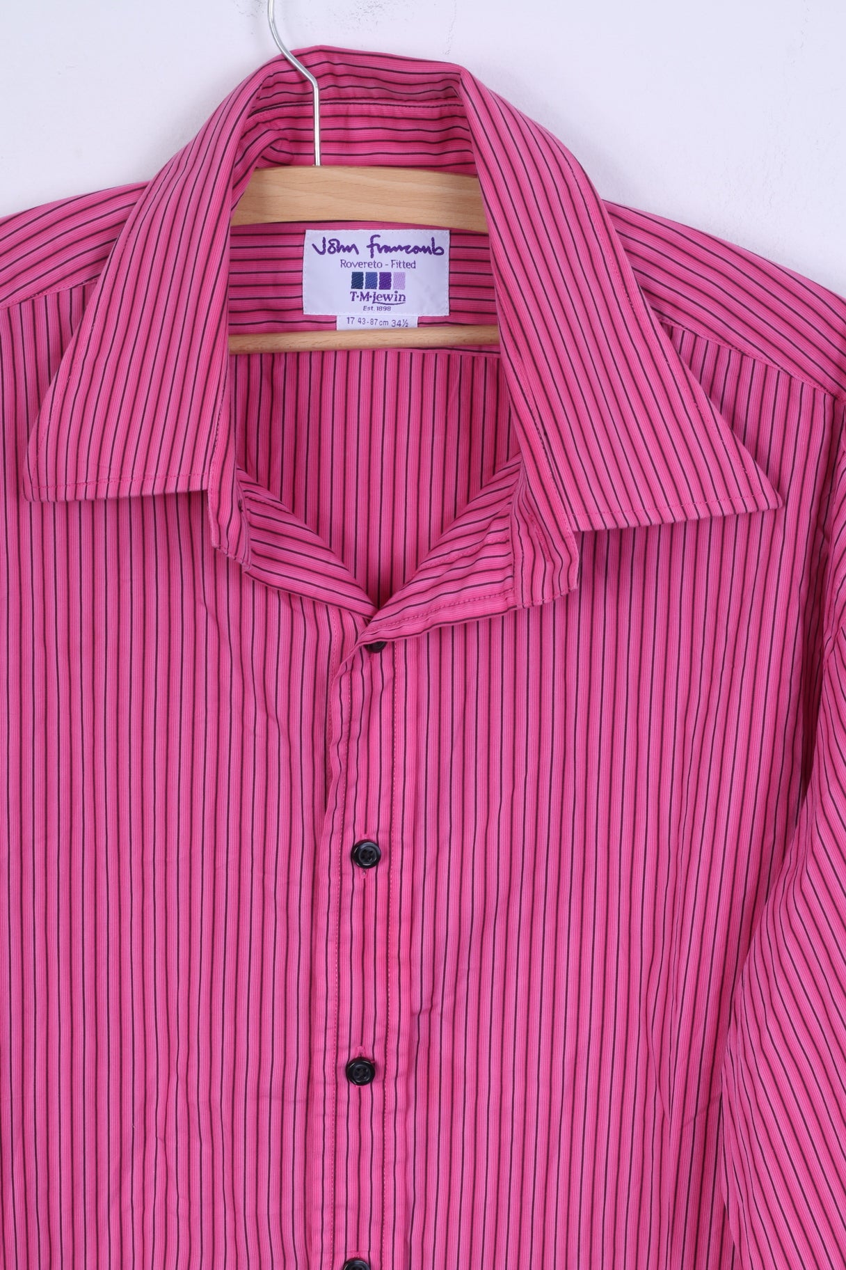 TM Lewin Mens 17 34.5 L Casual Shirt Pink Striped Rovereto Fitted Cotton