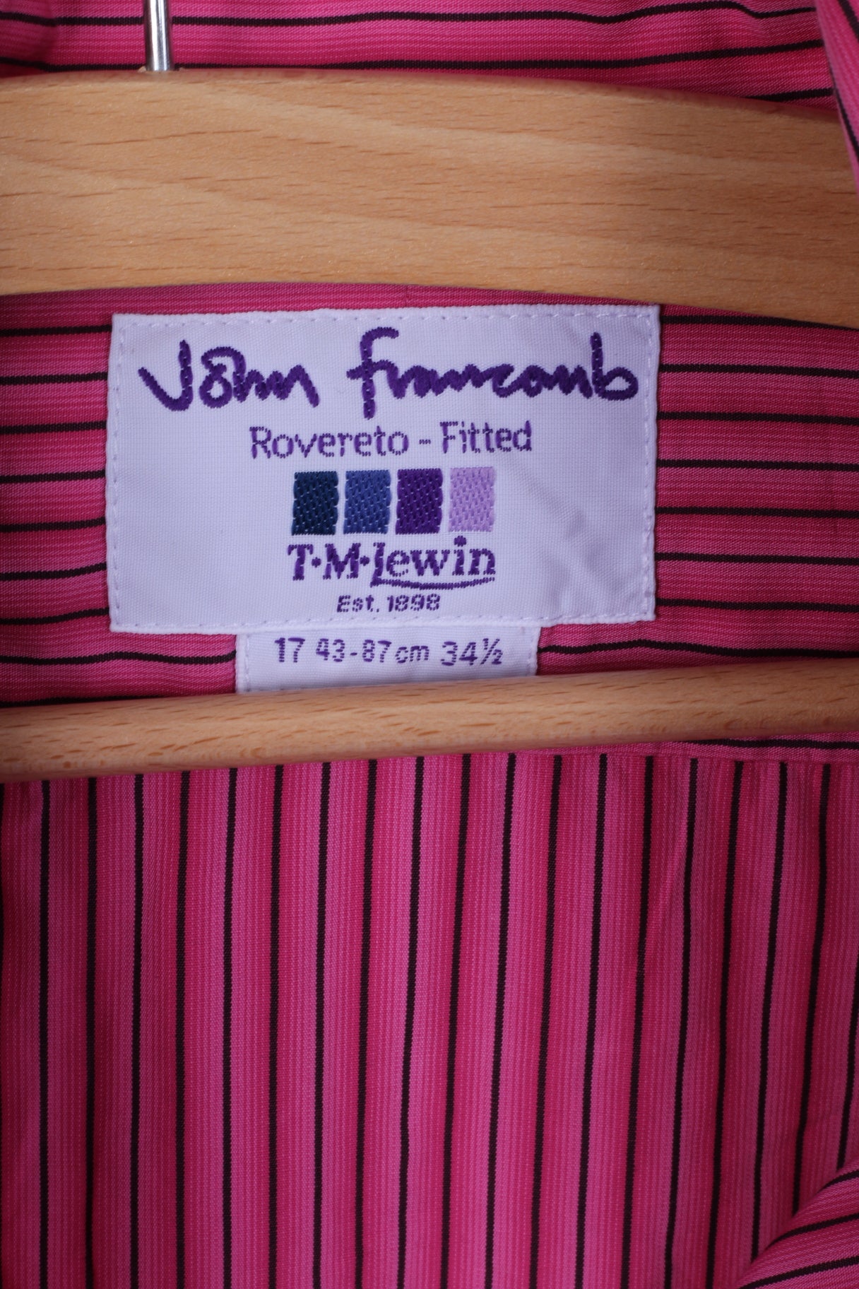 TM Lewin Mens 17 34.5 L Casual Shirt Pink Striped Rovereto Fitted Cotton