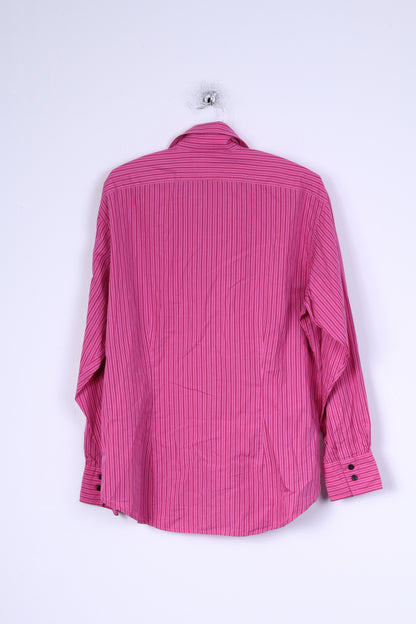 TM Lewin Mens 17 34.5 L Casual Shirt Pink Striped Rovereto Fitted Cotton
