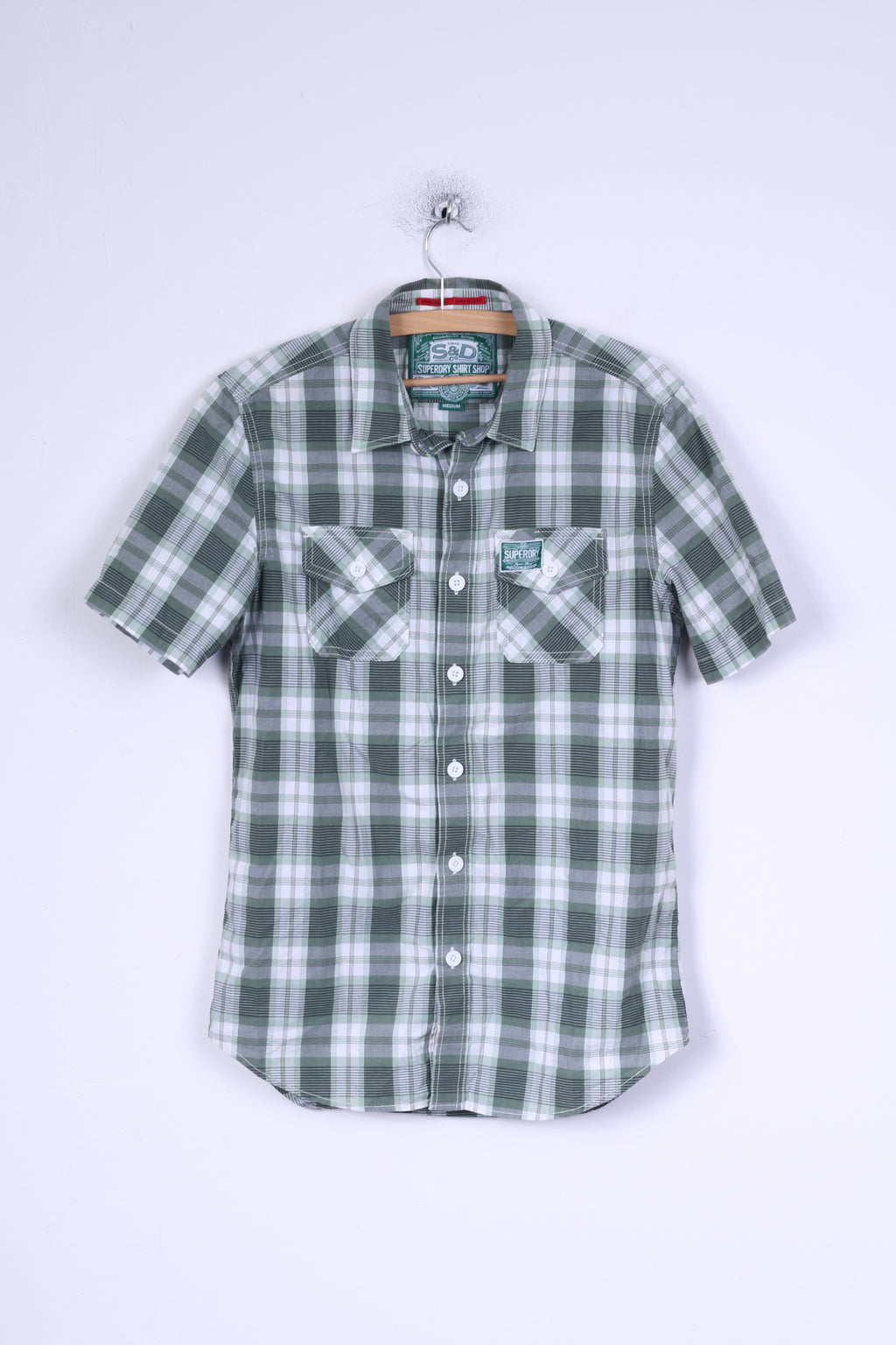 Camicia casual da uomo M Superdry verde a quadri in cotone giapponese nello spirito
