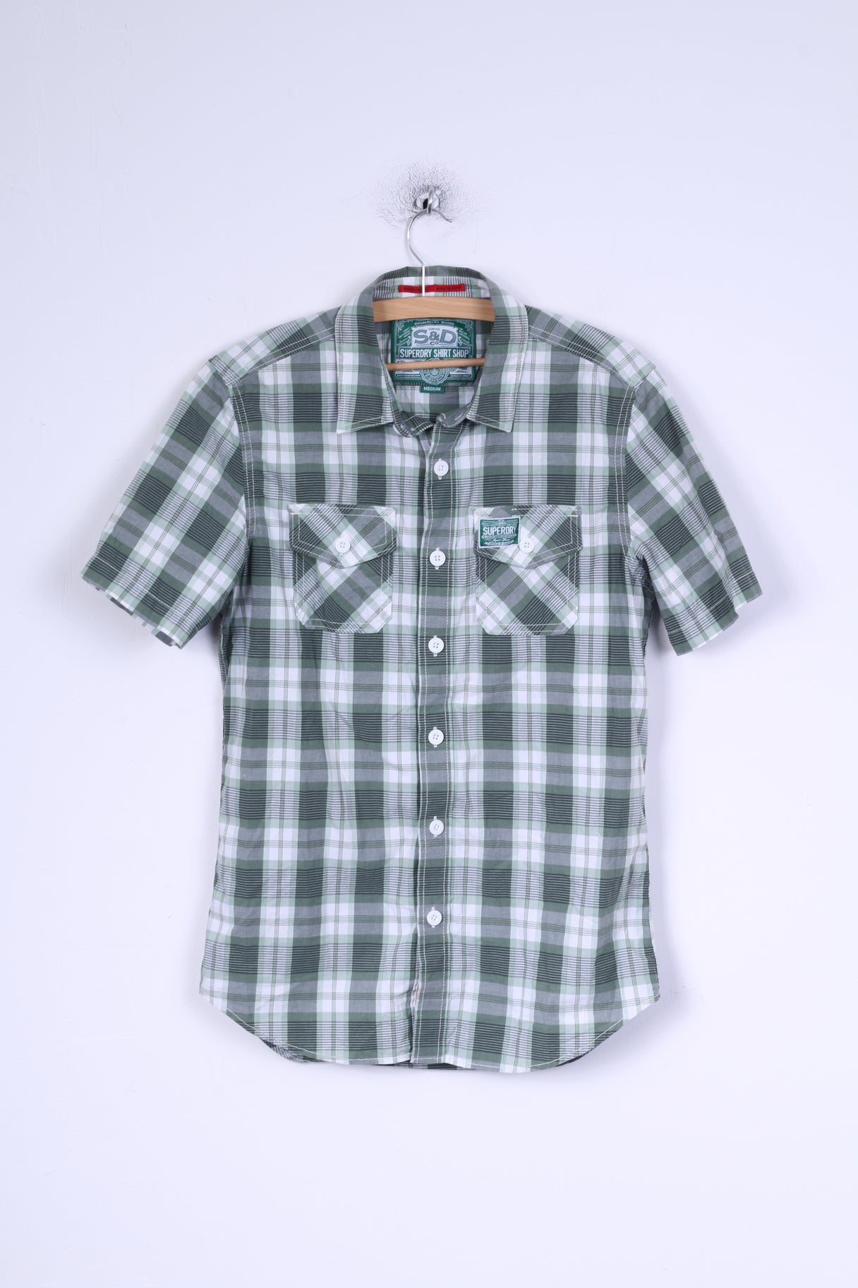 Camicia casual da uomo M Superdry verde a quadri in cotone giapponese nello spirito