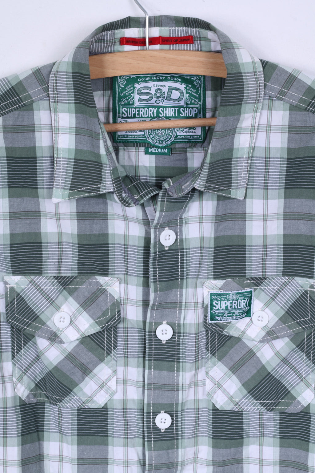 Camicia casual da uomo M Superdry verde a quadri in cotone giapponese nello spirito
