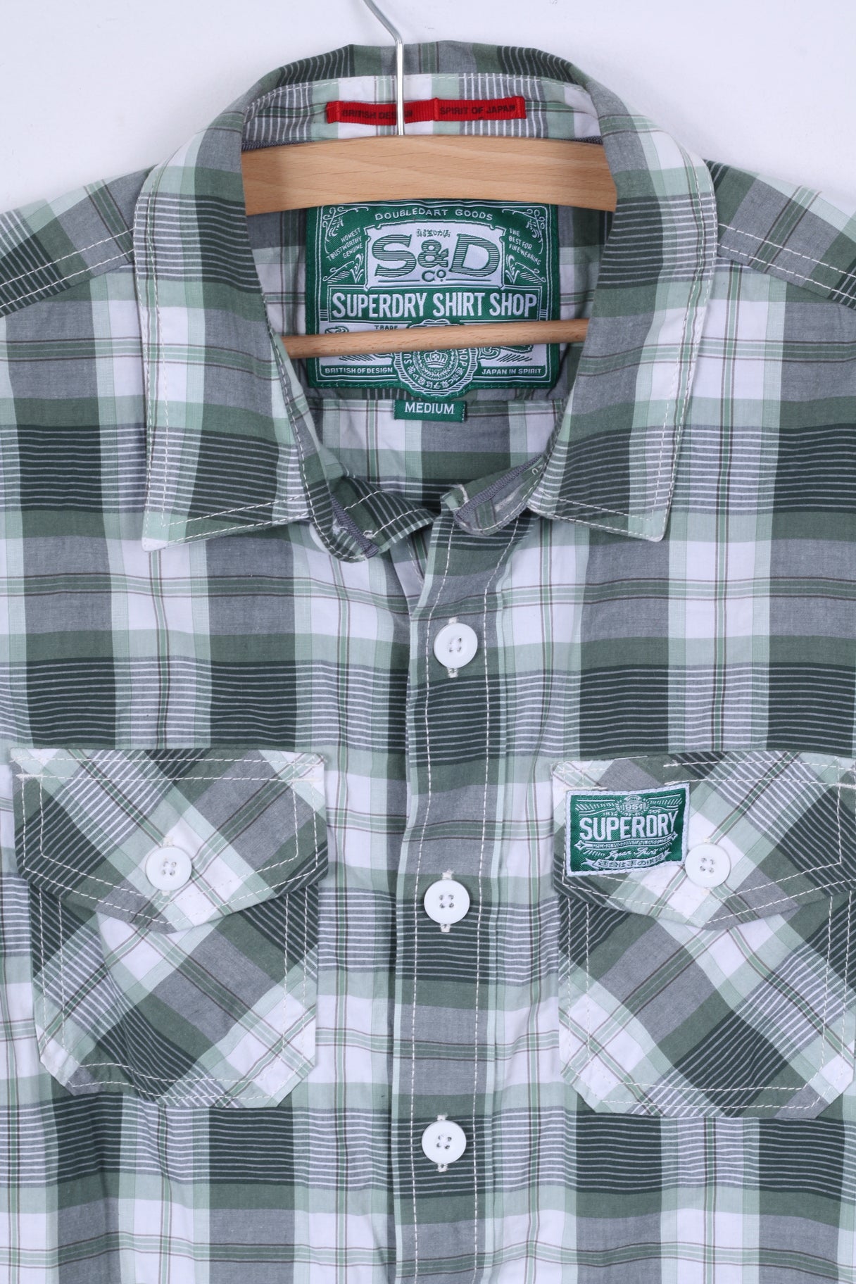 Camicia casual da uomo M Superdry verde a quadri in cotone giapponese nello spirito