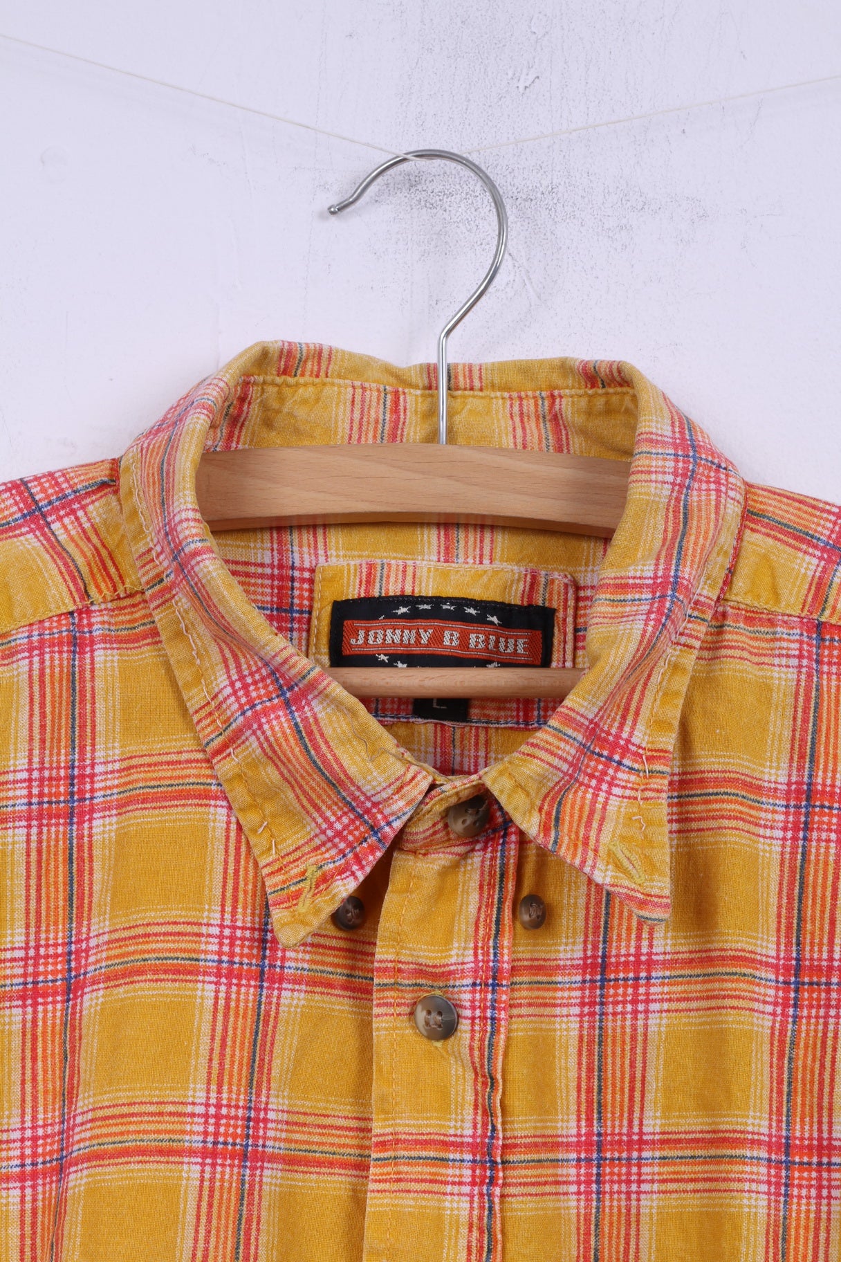 Johhy B Blue Chemise décontractée pour homme L à carreaux jaunes en coton avec col boutonné