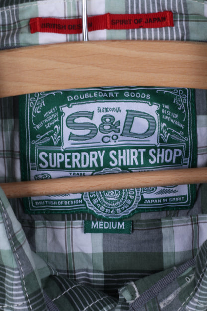 Camicia casual da uomo M Superdry verde a quadri in cotone giapponese nello spirito