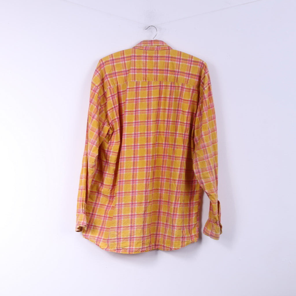 Johhy B Blue Chemise décontractée pour homme L à carreaux jaunes en coton avec col boutonné