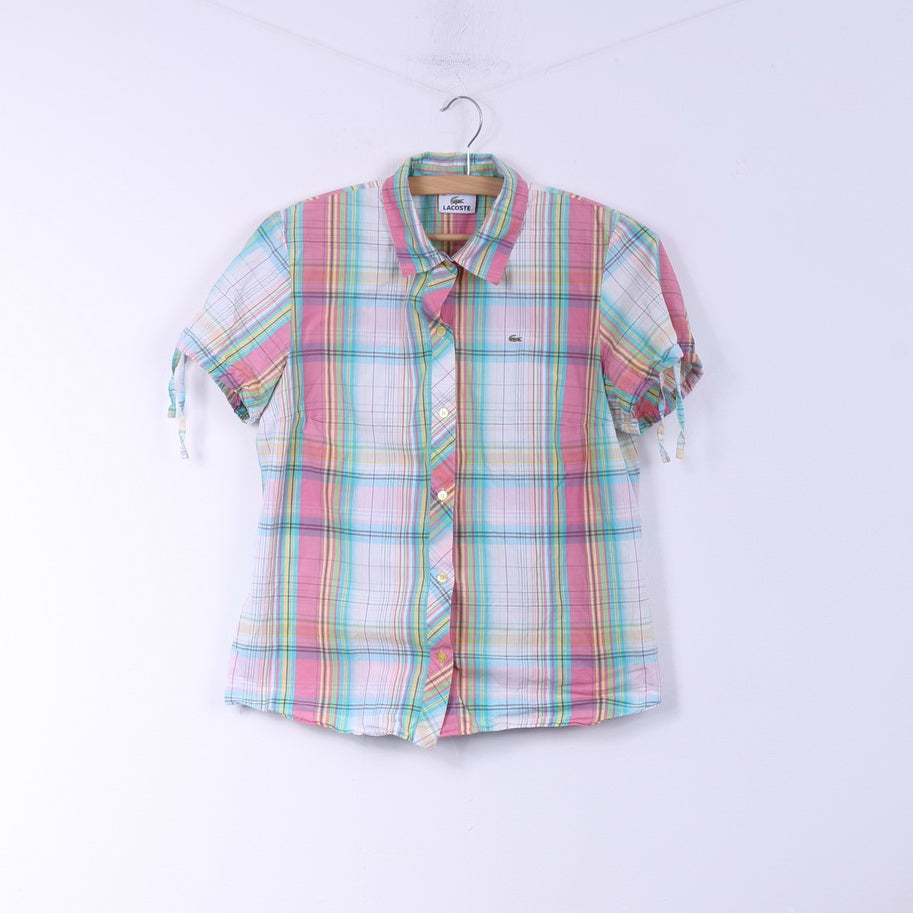 Camicia casual da donna Lacoste 42 M manica corta in cotone a quadri rosa