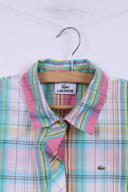 Camicia casual da donna Lacoste 42 M manica corta in cotone a quadri rosa