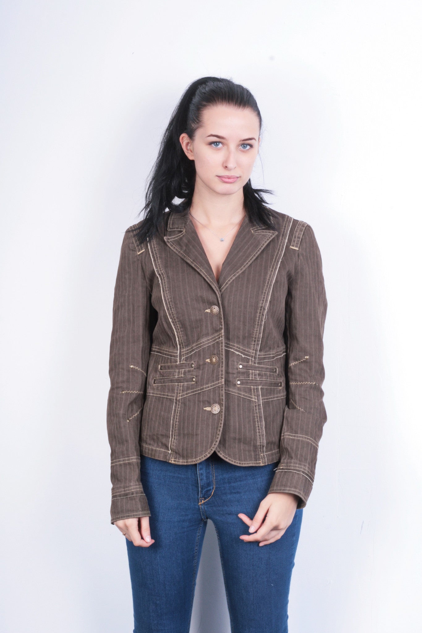 Biba Womens 12 M Blazer Top Suit Jacket Striped Brown Cotton - RetrospectClothes