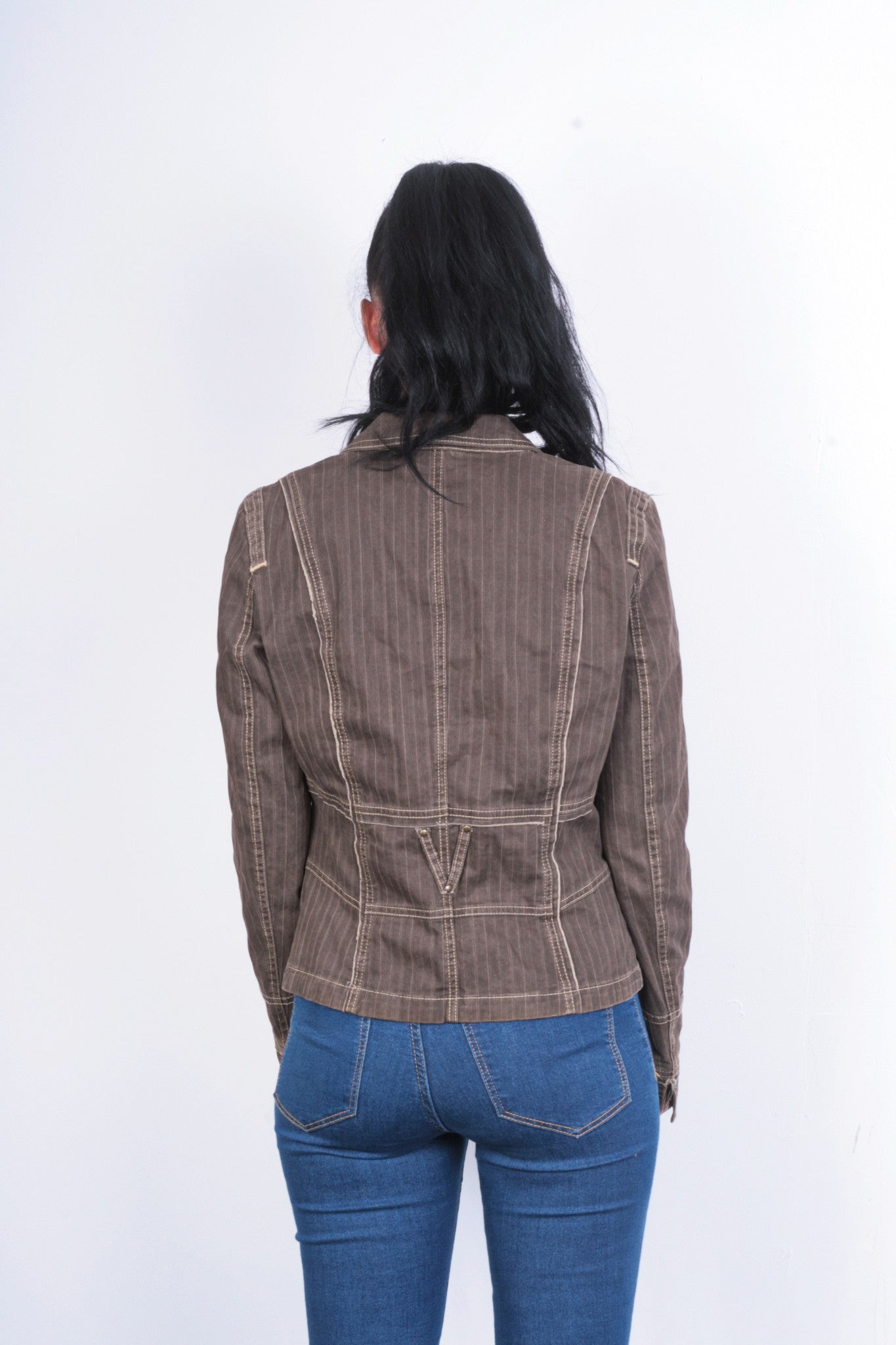 Biba Womens 12 M Blazer Top Suit Jacket Striped Brown Cotton - RetrospectClothes