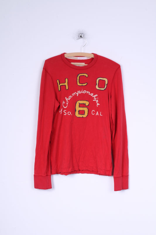 Hollister Mens S Long Sleeved Shirt Red Cotton Crew Neck Embroidered HCO