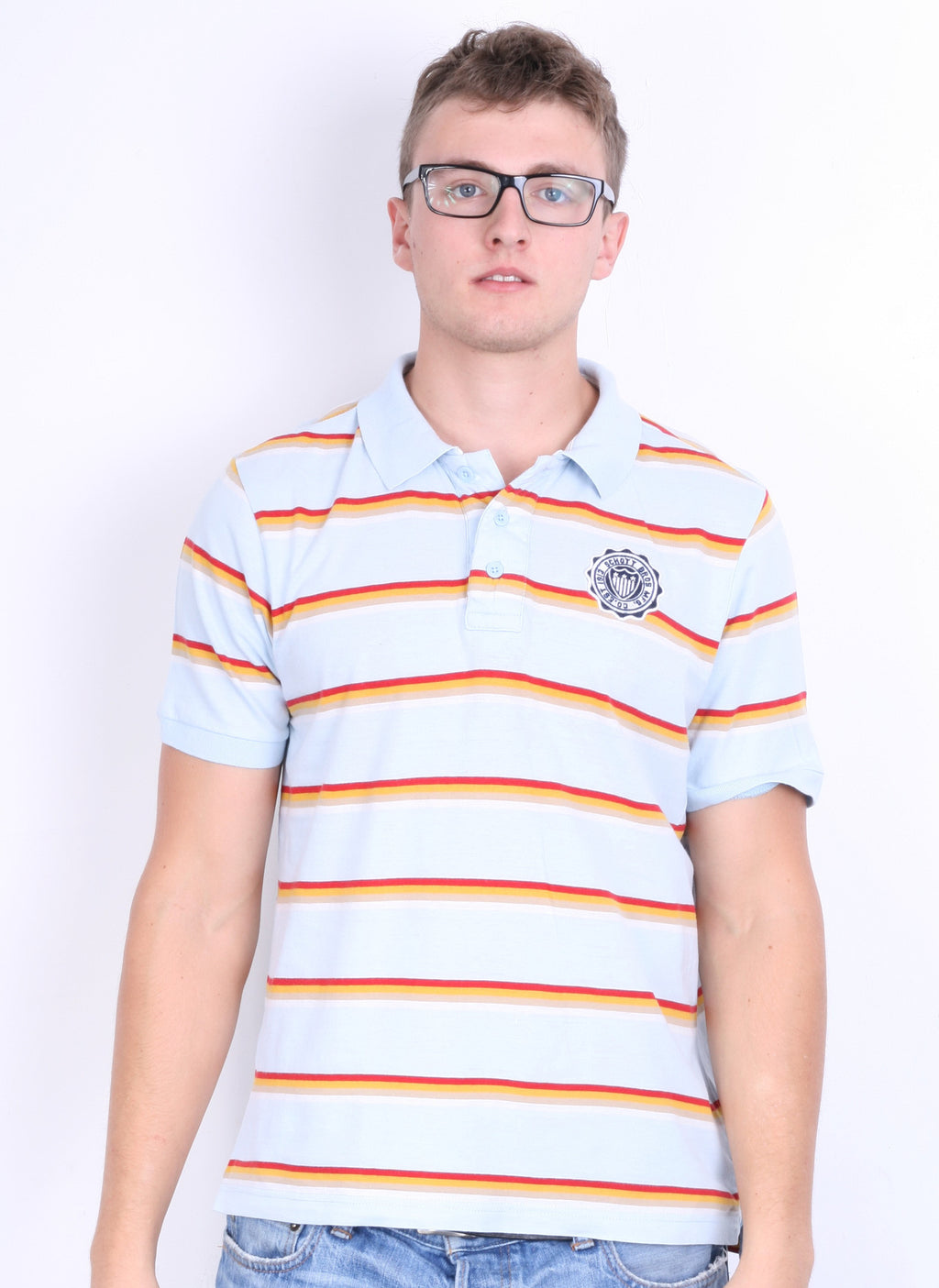 Schott Bros.Inc Mens XL Polo Shirt Blue Short Sleeve Summer Striped - RetrospectClothes