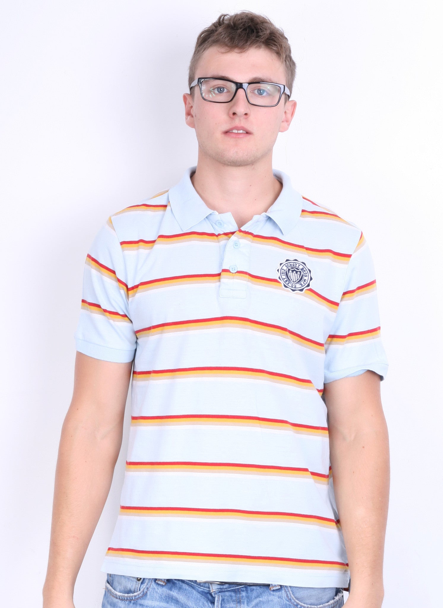 Schott Bros.Inc Mens XL Polo Shirt Blue Short Sleeve Summer Striped - RetrospectClothes
