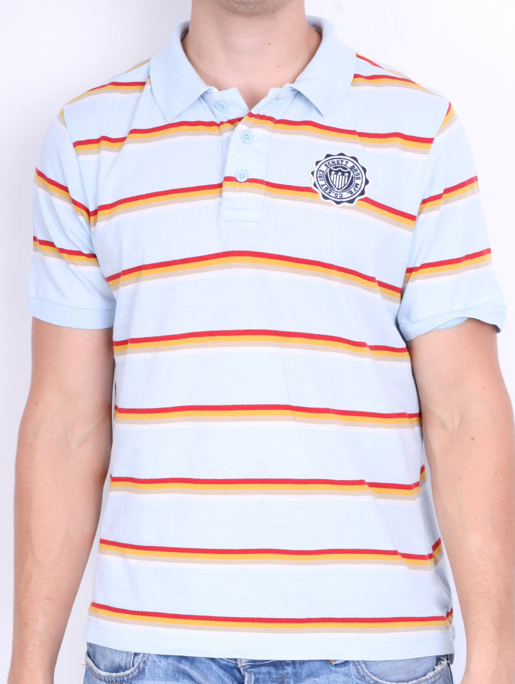 Schott Bros.Inc Mens XL Polo Shirt Blue Short Sleeve Summer Striped - RetrospectClothes