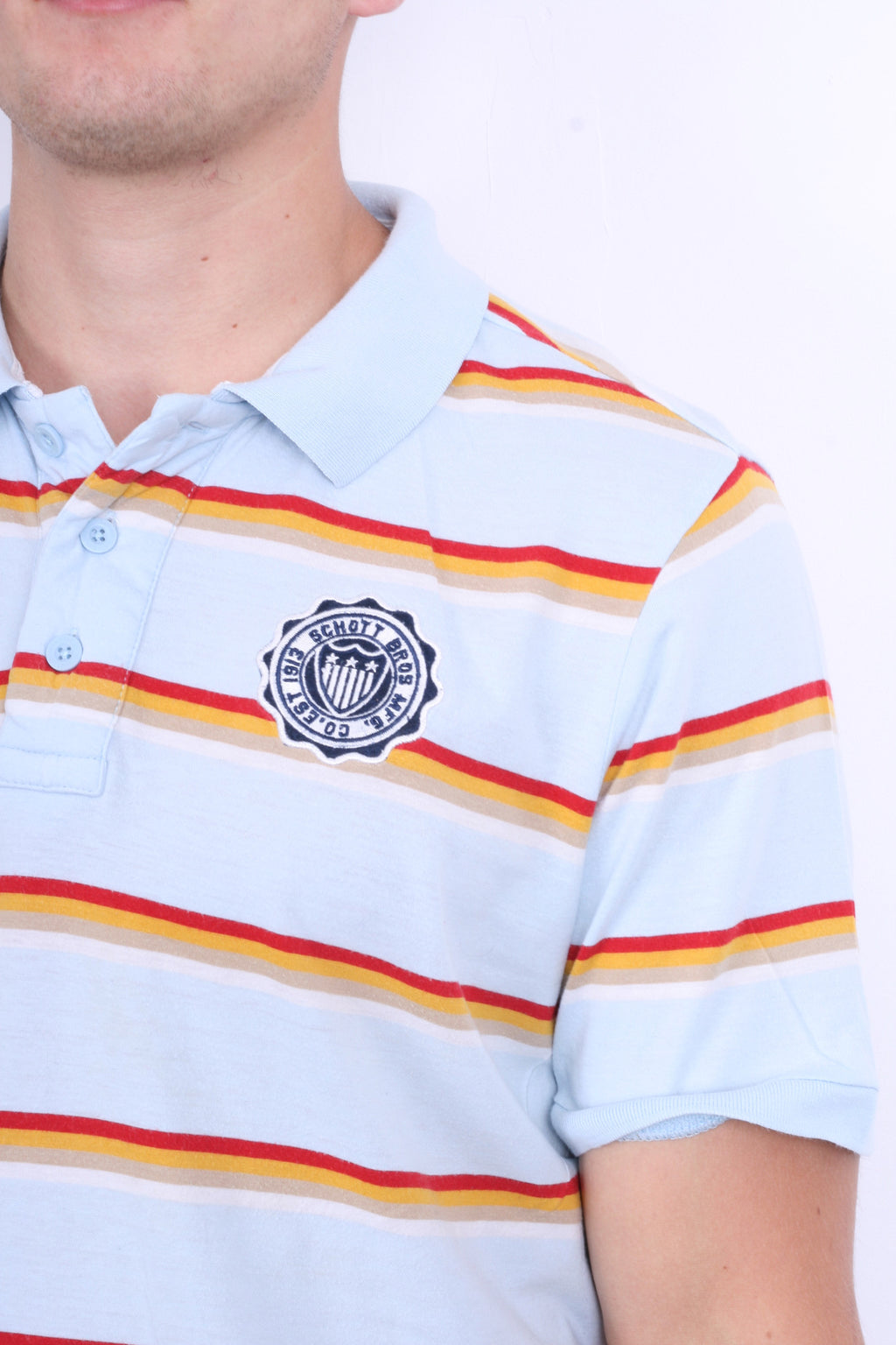 Schott Bros.Inc Mens XL Polo Shirt Blue Short Sleeve Summer Striped - RetrospectClothes
